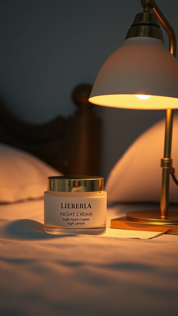 A jar of night cream placed beside a lamp on a bed, creating a cozy atmosphere.