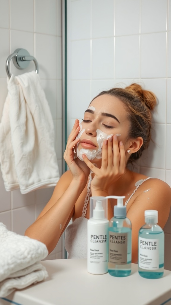 A person smiling while cleansing their face with a foamy cleanser in a bathroom setting.