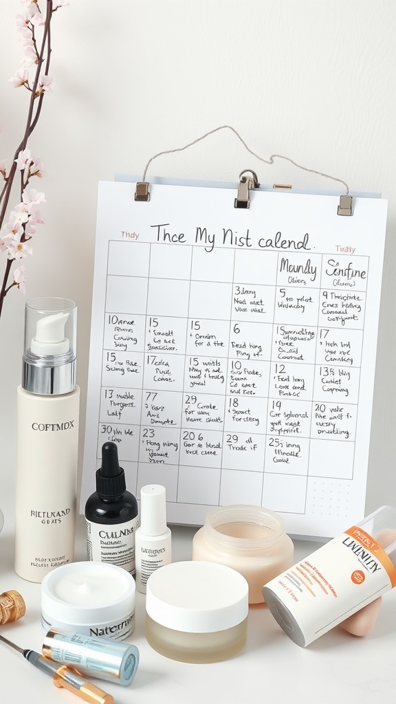 Image of a skincare calendar and various skincare products