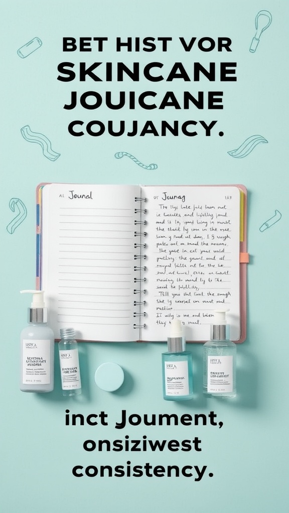 Skincare products with a journal, emphasizing the importance of consistency in skincare.