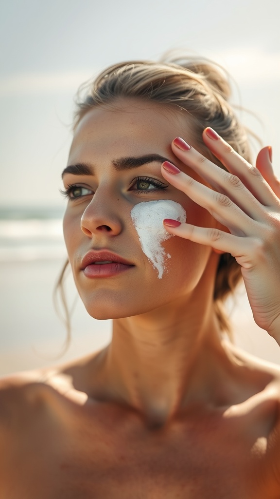 Woman applying sunscreen to her face at the beach.