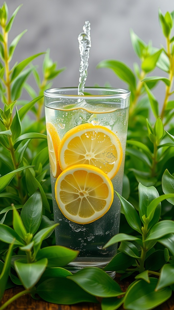 A glass of water with lemon slices surrounded by green leaves.