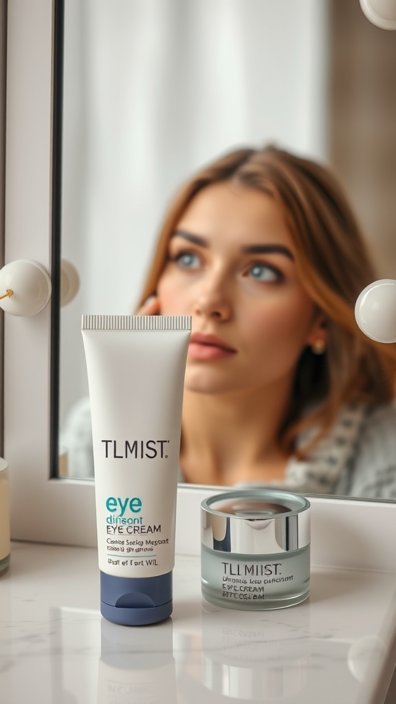 A woman looking at eye creams in front of a mirror, representing the importance of eye cream in a skincare routine.