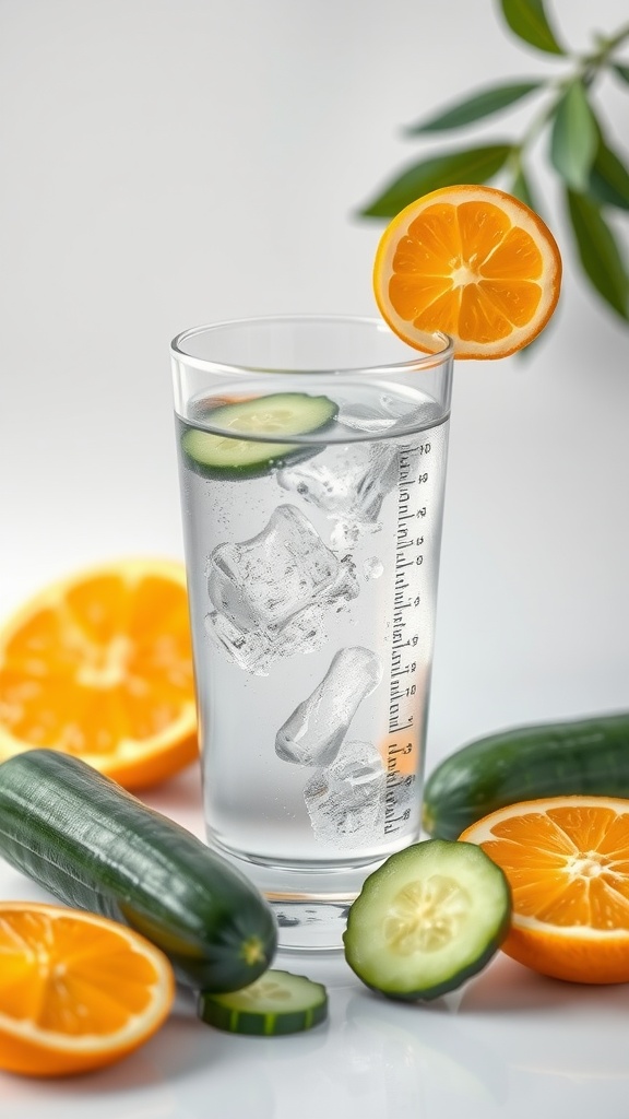 A glass of water with cucumber and orange slices, surrounded by fresh cucumbers and oranges