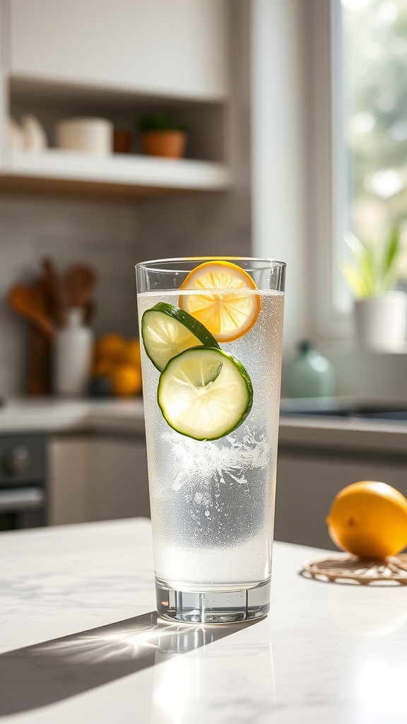 A tall glass of sparkling water with lemon and cucumber slices on a kitchen counter