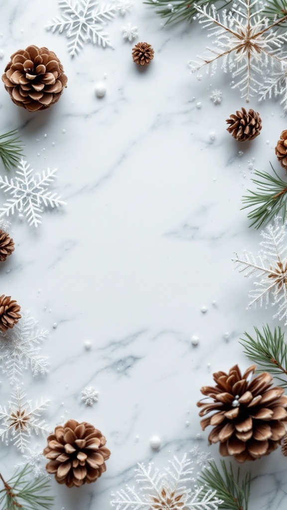 Winter-themed flat lay with pine cones and snowflakes on a marble surface.