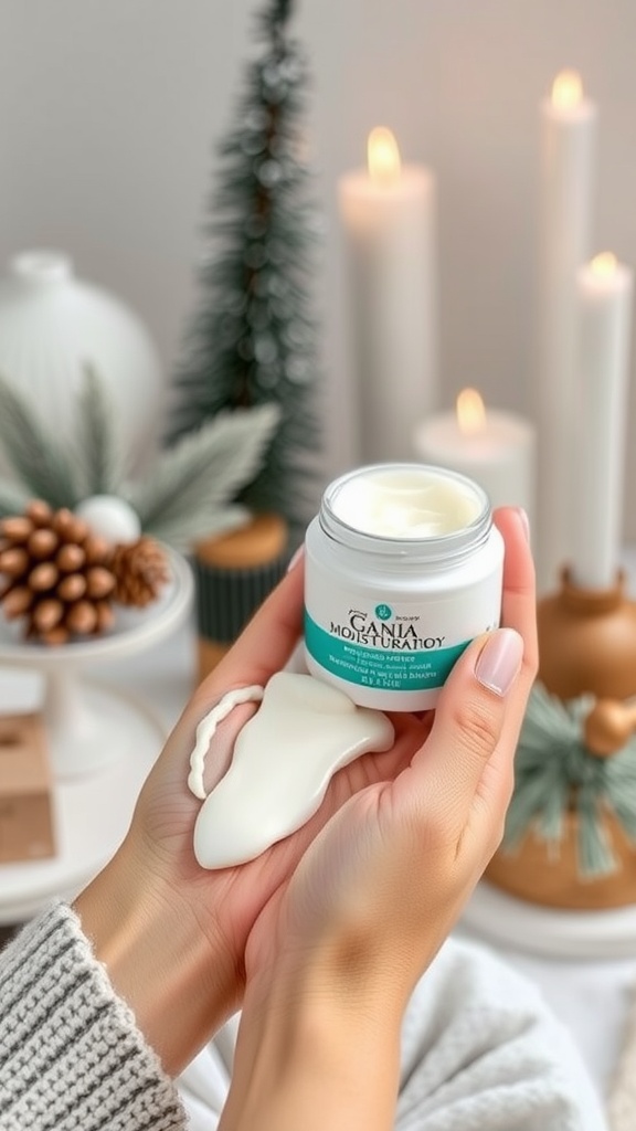 A close-up of hands holding a jar of moisturizer with a creamy texture, surrounded by winter-themed decorations.