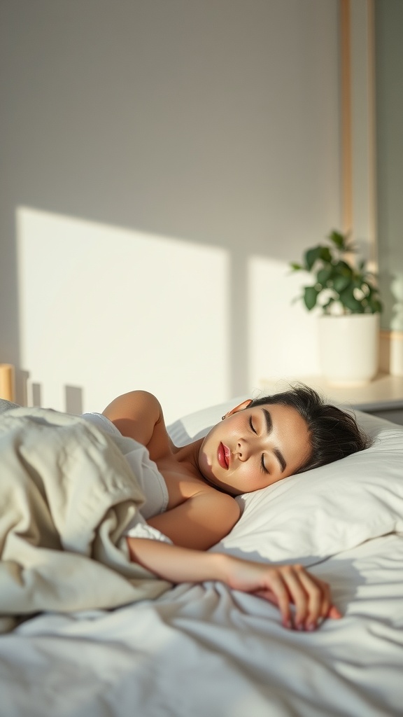 A person sleeping peacefully in a cozy bed with fluffy blankets and soft pillows.