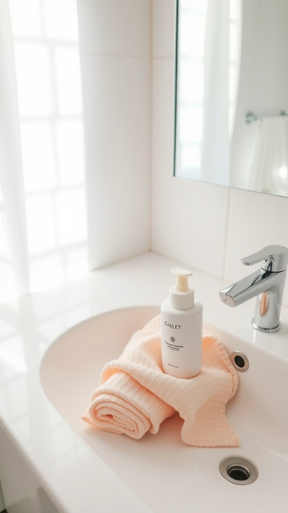 A bottle of cleanser on a soft towel in a bright bathroom setting