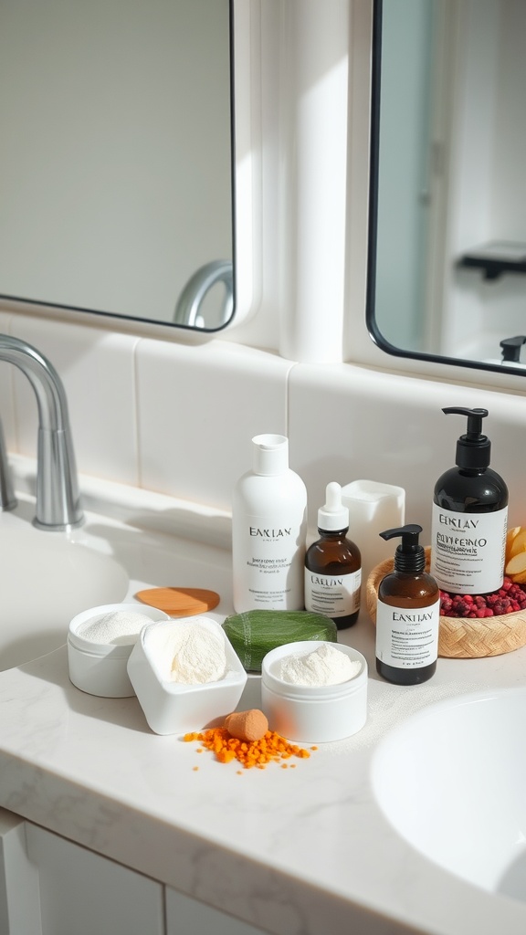 A collection of skincare products arranged on a bathroom counter, highlighting the importance of exfoliation for dry skin.