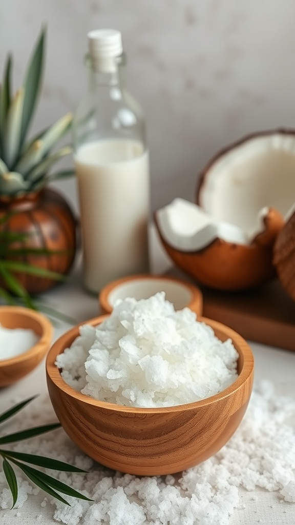 A wooden bowl filled with sea salt, surrounded by coconut, milk, and greenery, showcasing natural exfoliation elements.