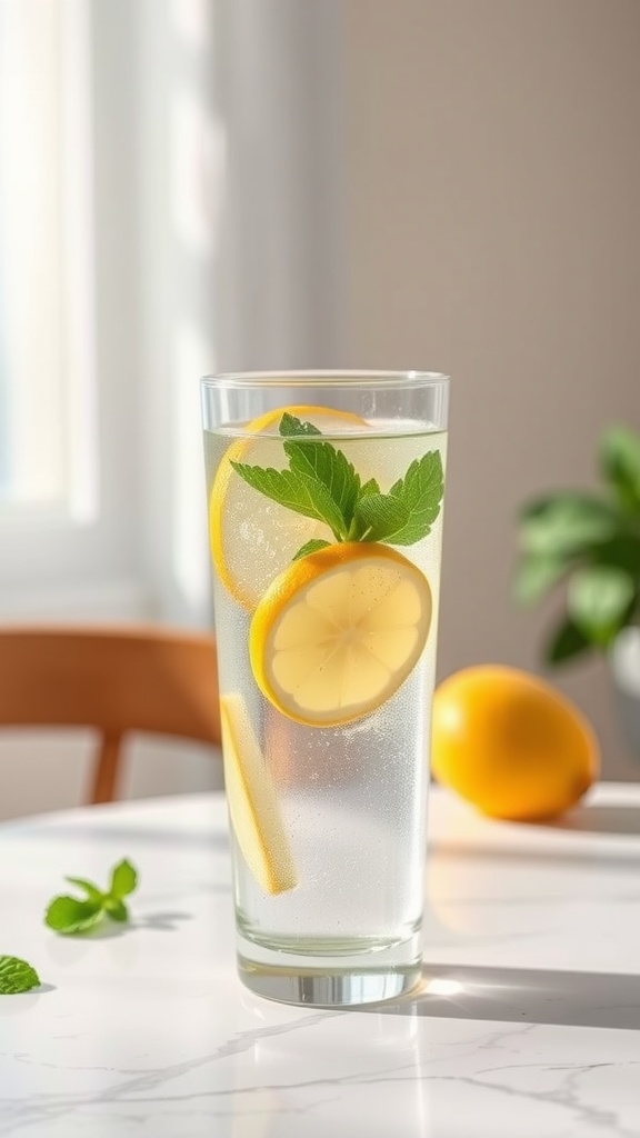 A glass of lemon and mint infused water on a table with a fresh orange in the background