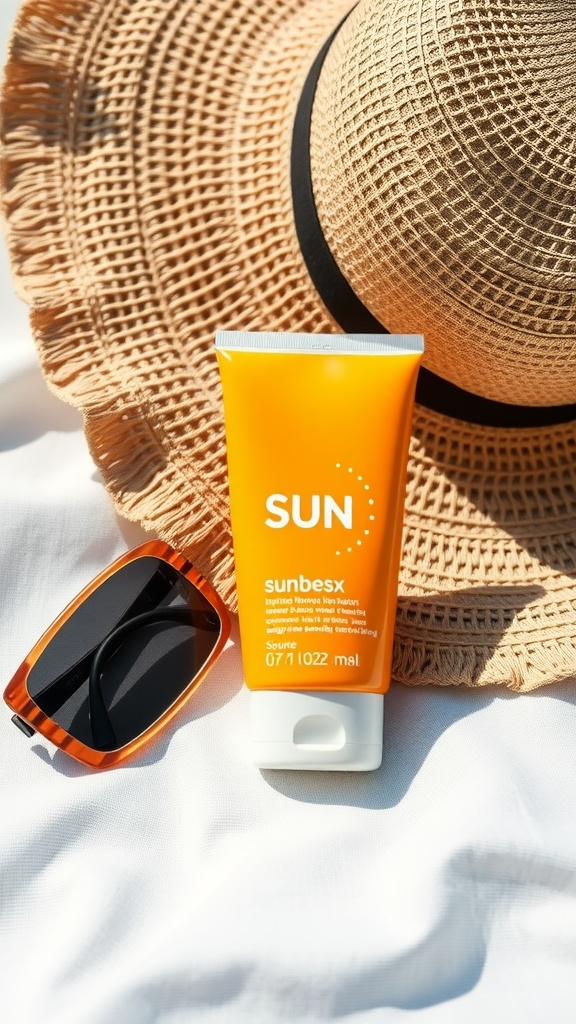 A tube of sunscreen placed next to a wide-brimmed hat and stylish sunglasses.