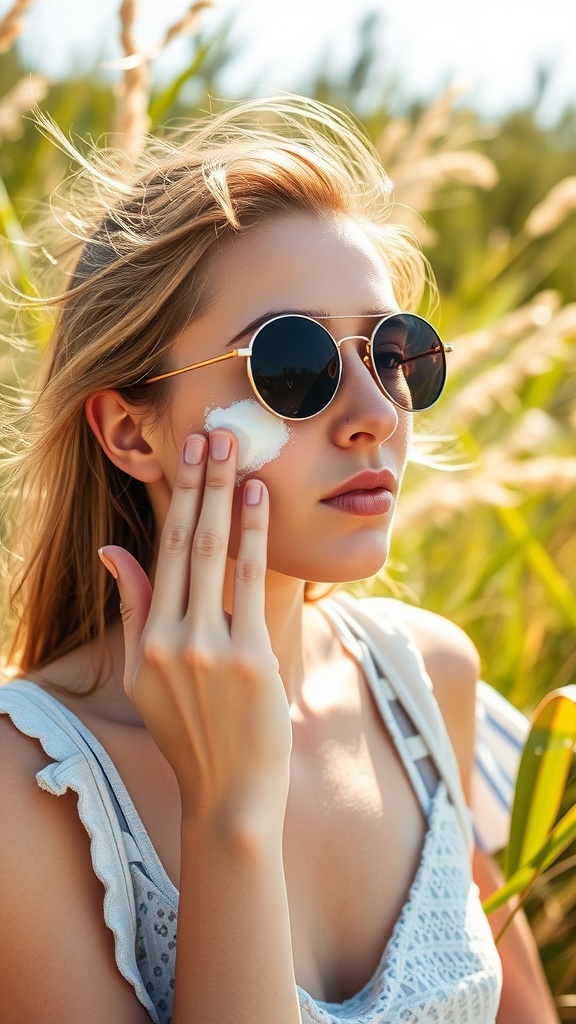 A young woman applying sunscreen on her face while wearing sunglasses, surrounded by greenery.