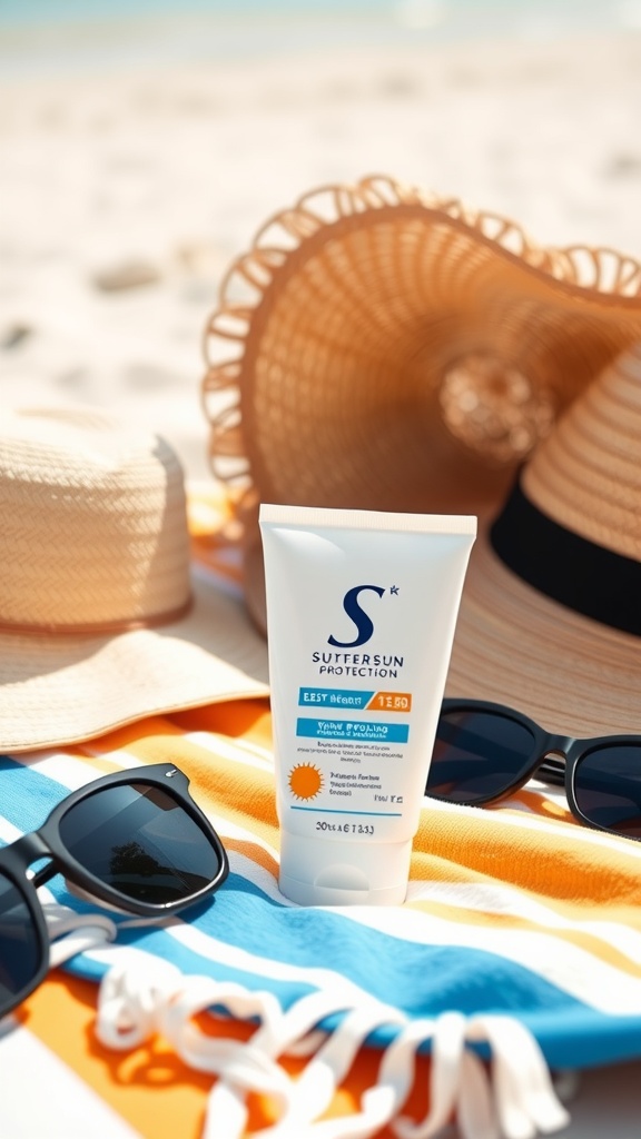 A tube of sunscreen, sunglasses, and a straw hat on a beach towel, symbolizing sun protection.