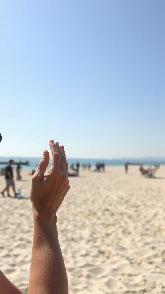 A hand applying sunscreen at the beach with a clear blue sky in the background.