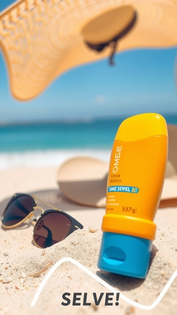 A bottle of sunscreen next to sunglasses on the beach sand, illustrating the need for daily sun protection.