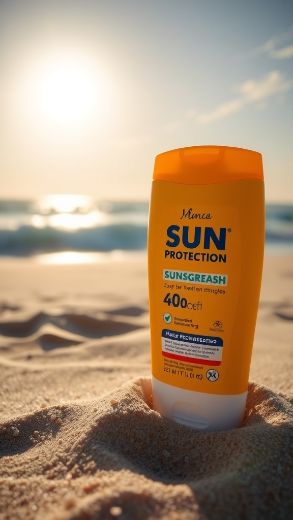 A bottle of sunscreen in the sand with the sun setting in the background