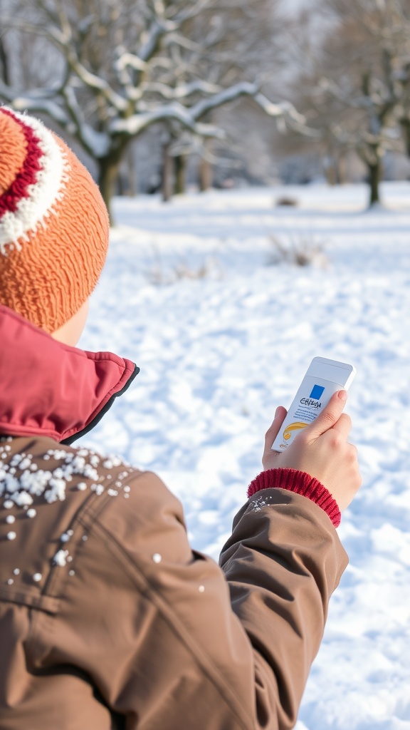 A person in winter attire holding sunscreen while standing in a snowy landscape