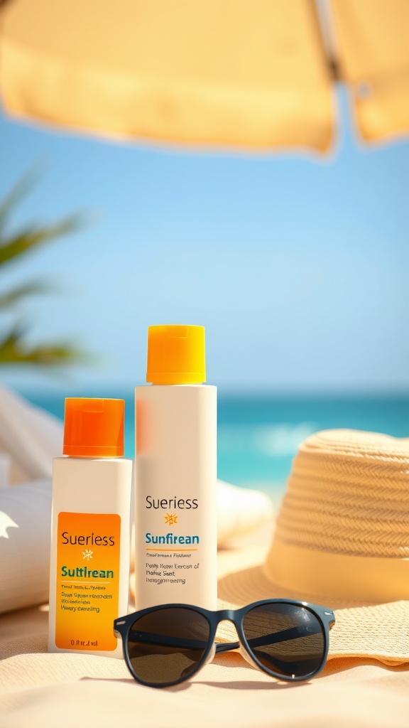 Two bottles of sunscreen and sunglasses on a beach setting