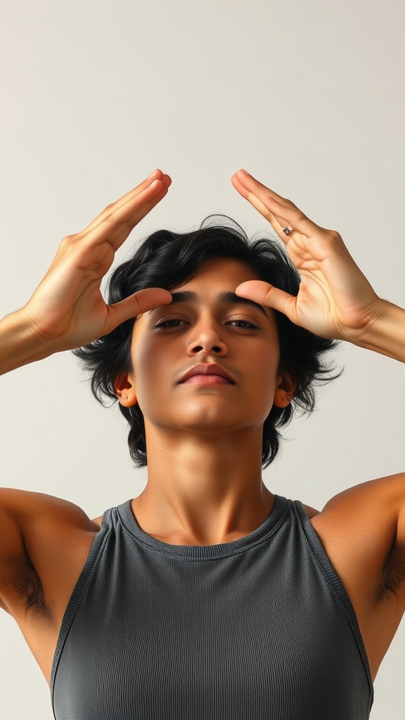 A person demonstrating the O-Shape yoga move with hands positioned to frame the face