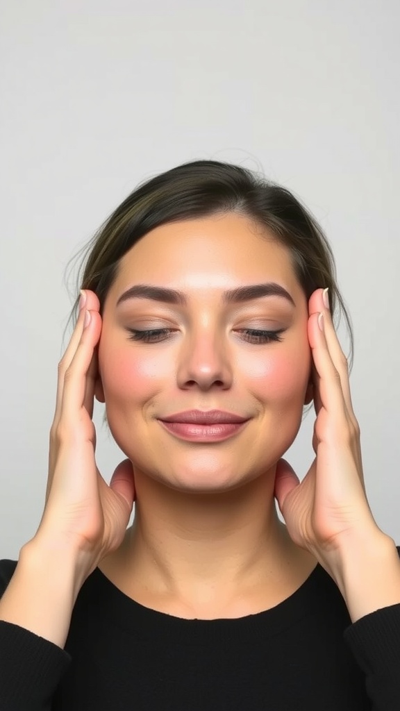 A woman performing the Perfect Cheekbone Lift Move with her hands on her face, smiling softly.