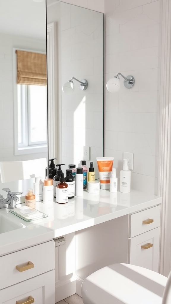 A bright bathroom counter displaying various skincare products, showcasing the importance of a consistent skincare routine.