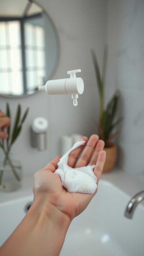 A hand holding gentle foamy cleanser in a bathroom setting