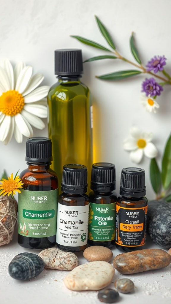 Bottles of anti-inflammatory oils including chamomile and patenle oil, surrounded by flowers and stones.