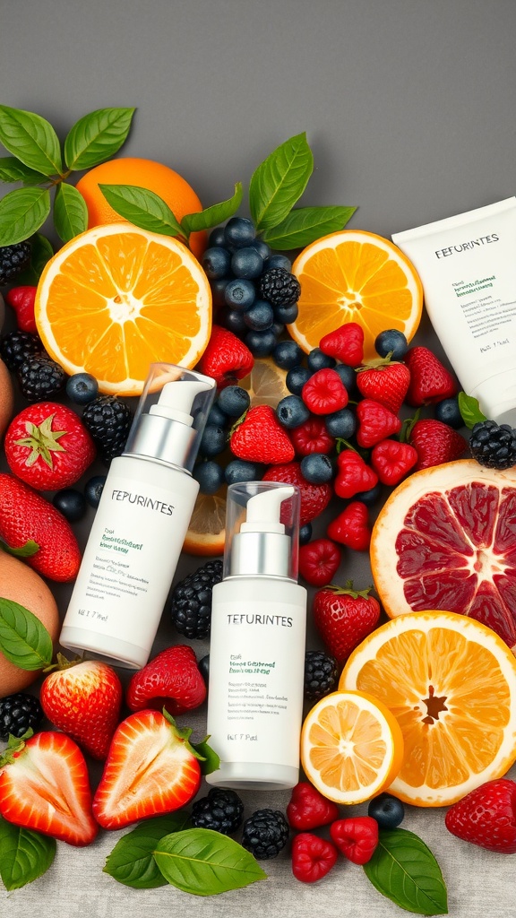 A vibrant arrangement of fruits, including oranges and strawberries, alongside skincare products.