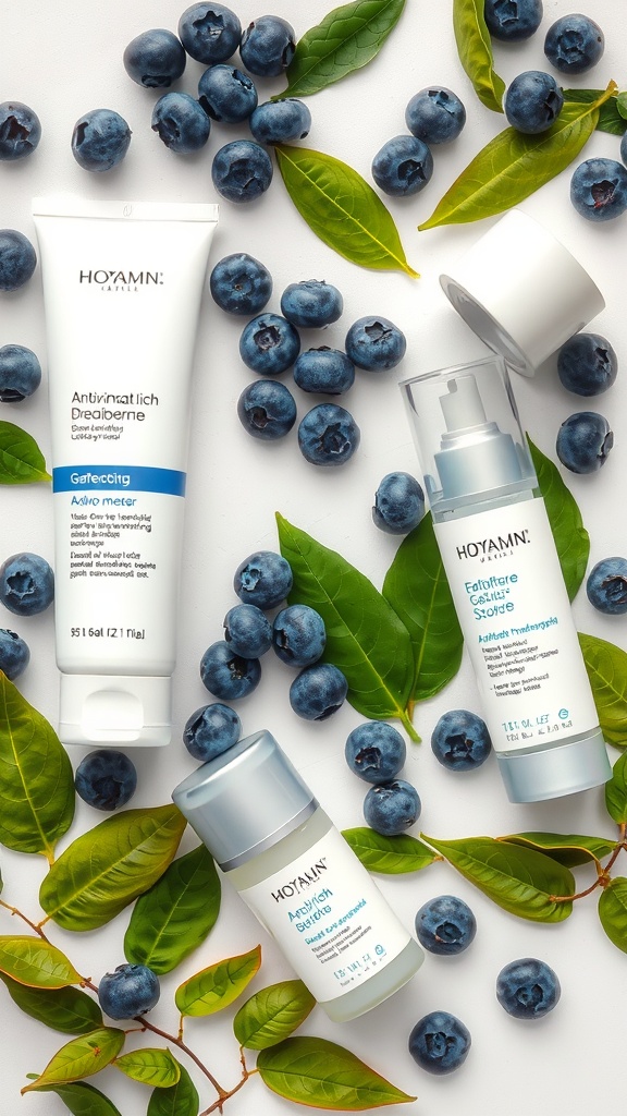 Image of skincare products with blueberries and green leaves