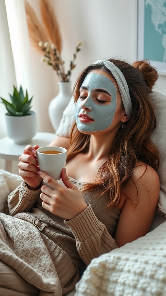 A woman relaxing with a face mask and a cup of coffee, highlighting the self-care aspect of skincare.