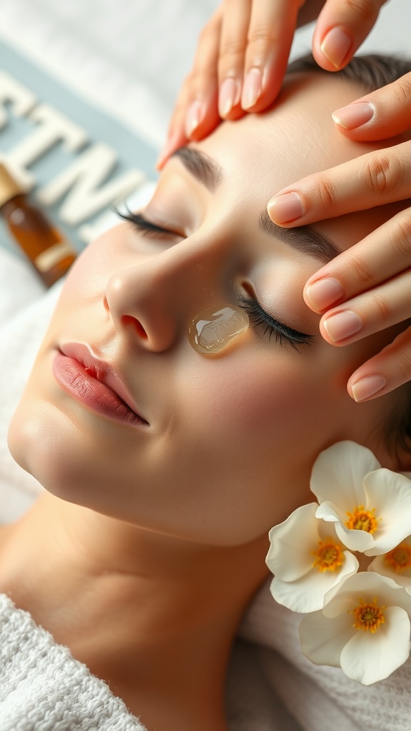 A person receiving a facial massage with a soothing gel and flowers.