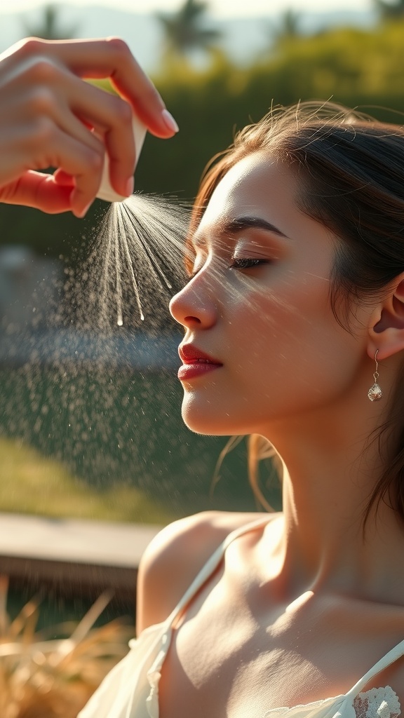 A woman applying facial mist to her face in a serene outdoor setting.