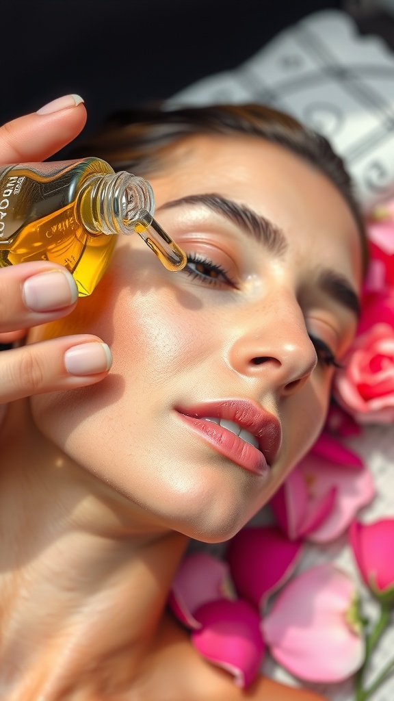 A close-up of a person applying facial oil on their face surrounded by rose petals.