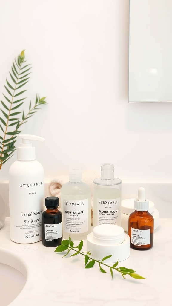 A collection of gentle skincare products on a bathroom countertop, featuring cleansers and serums for calming redness.