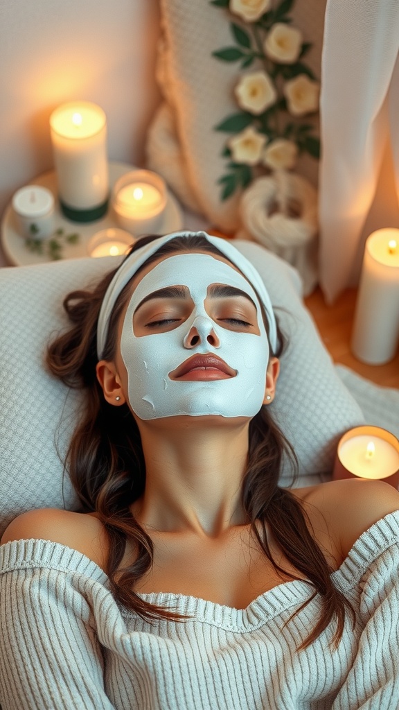 A woman relaxing with a hydrating mask on her face, surrounded by candles in a cozy setting.