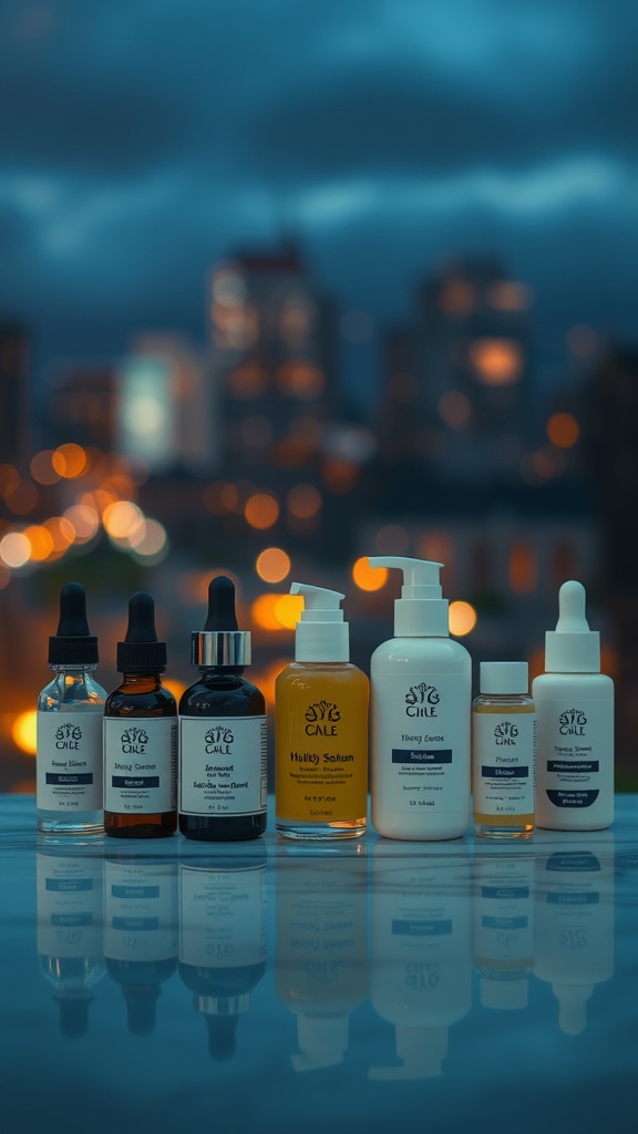 A variety of hydrating serums lined up, showcasing their different bottles against a blurred city backdrop.
