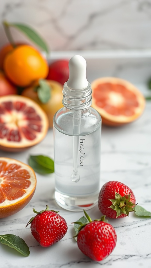 A clear dropper bottle of hyaluronic acid serum next to strawberries and citrus fruits on a marble surface.