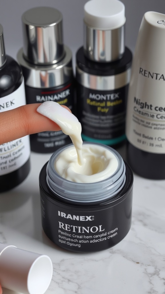 A jar of retinol cream with a finger dipped into the cream, surrounded by other skincare products.