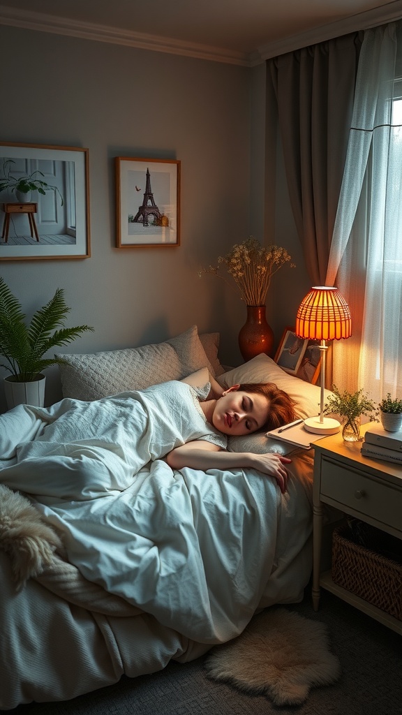 A cozy bedroom with a person sleeping peacefully under a blanket, highlighting the importance of sleep for skin health.