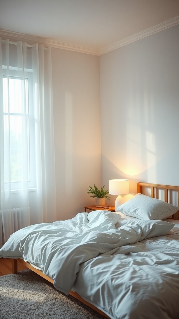 A cozy bedroom with soft bedding, a lamp, and sheer curtains, creating a peaceful atmosphere for sleep.