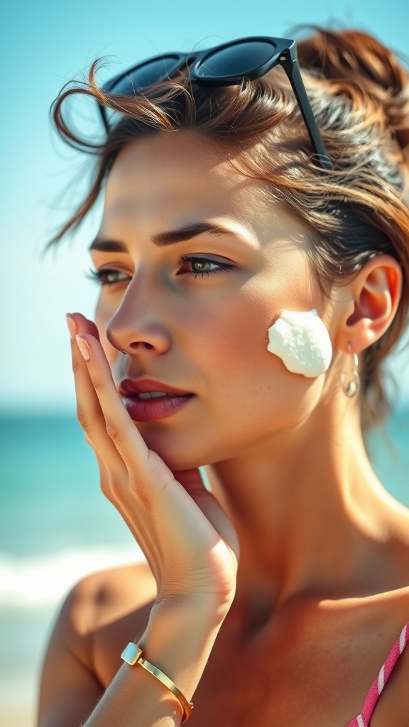 A woman applying sunscreen on her face while at the beach, with the ocean in the background.