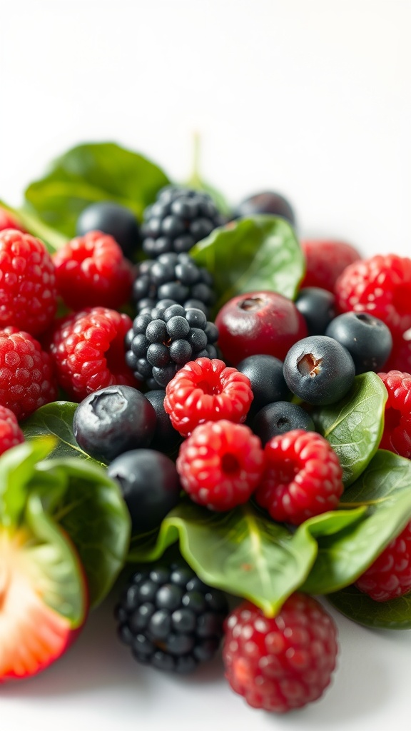 A colorful assortment of fresh berries and leafy greens.
