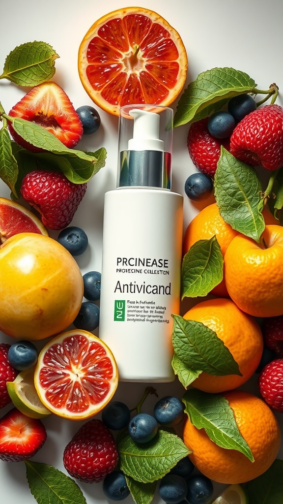 A bottle of Antivicand skincare surrounded by fresh fruits like blood oranges, strawberries, and blueberries, representing antioxidants.