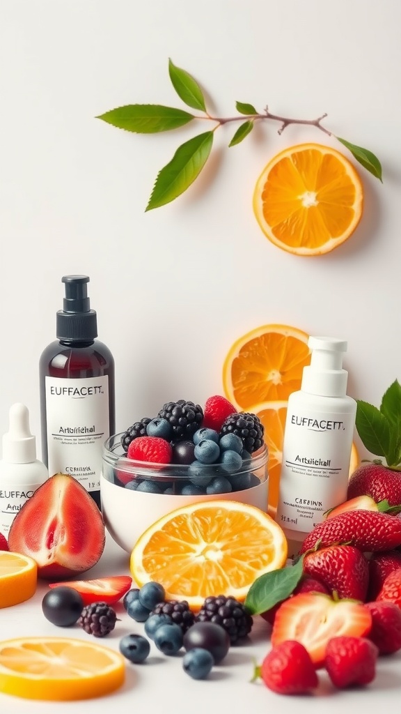 A collection of skincare products alongside fresh fruits like oranges, strawberries, and blueberries, symbolizing the benefits of antioxidants in skincare.
