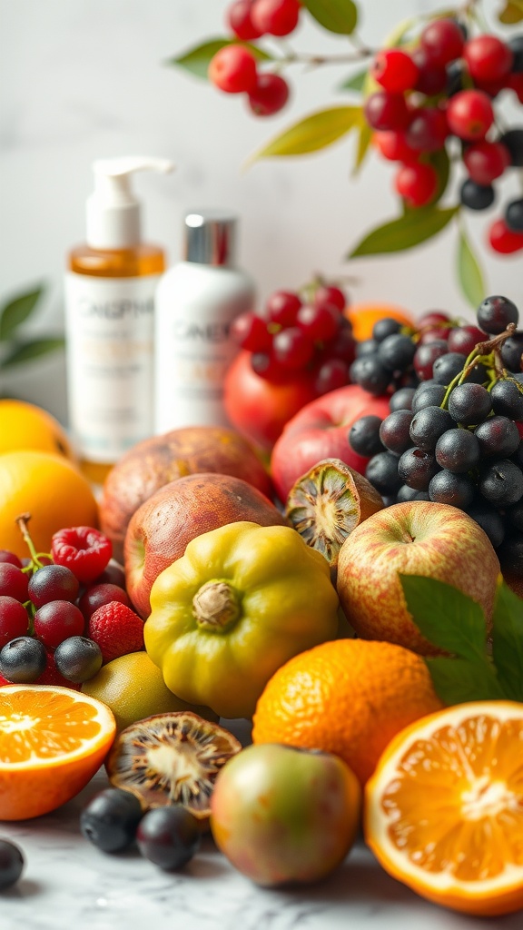 A colorful arrangement of various fruits with skincare products in the background, highlighting the importance of antioxidants in skincare.