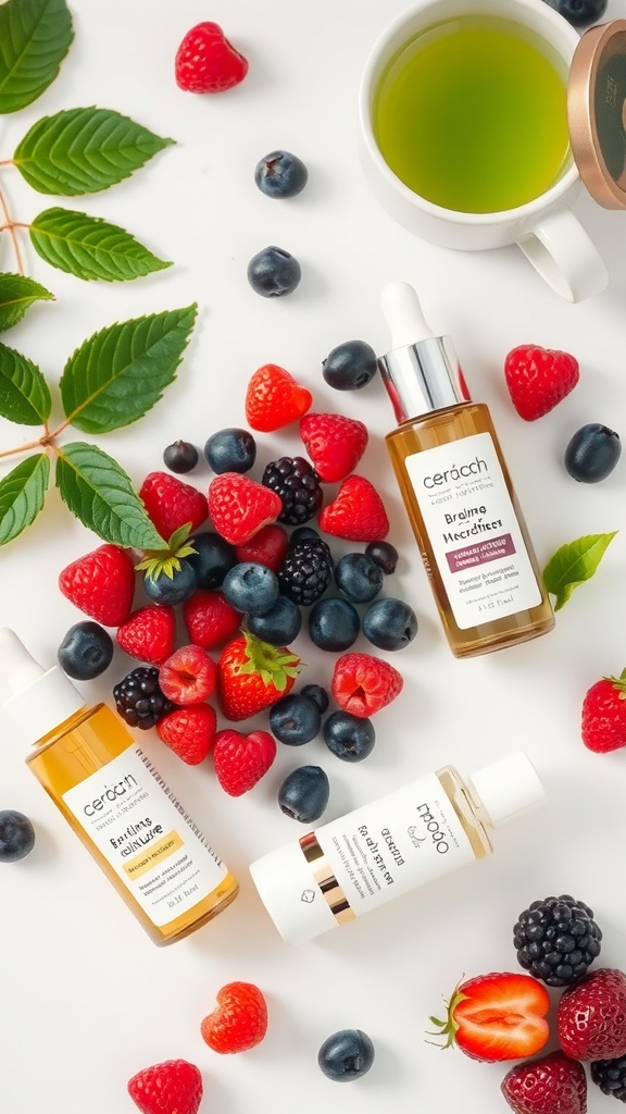 A flat lay of skincare products and fresh berries, showcasing the connection between antioxidants and skincare.