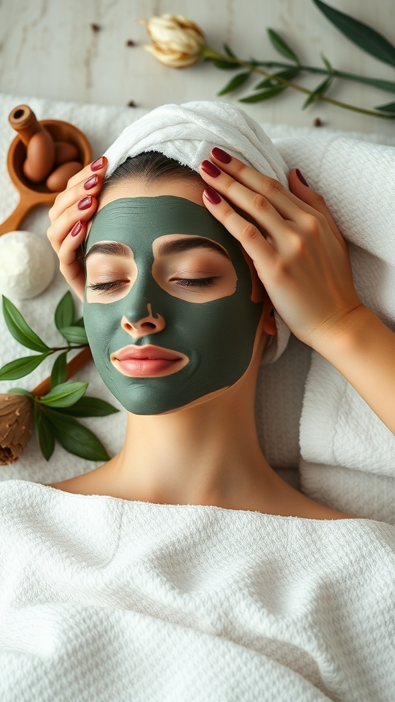 A person applying a green clay mask on their face, relaxing with a towel on their head.