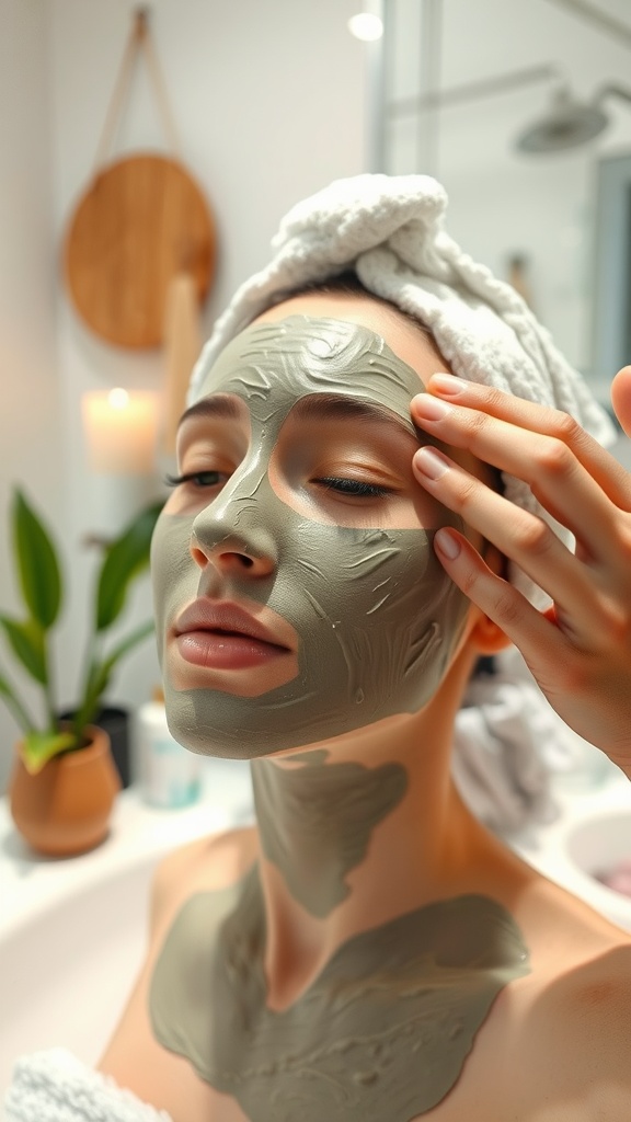 A person applying a green clay mask on their face in a bathroom setting.